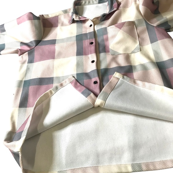 Plaid Shacket Jacket Shirt Pink Gray Cream Button Front Overshirt XXL - Picture 9 of 10